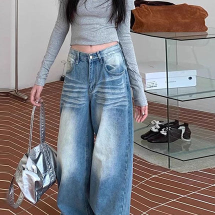 Summer 2025 Washed Vintage Distressed Blue Jeans for Women, High-Waisted Versatile Wide-Leg Pants, Floor-Length Pants