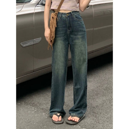 Petite Retro Blue High-Waisted Wide-Leg Jeans for Women 2024 Drapey Loose Slimming Straight-Leg Floor-Length Pants