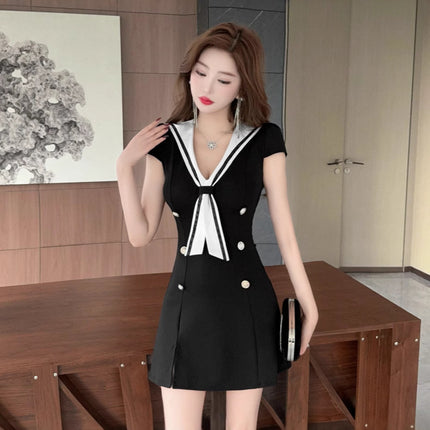 Real shot 8817 in stock navy collar age-reducing short sleeve dress college style sexy overalls foot bath technician skirt