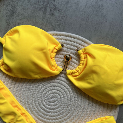 2025 Yellow Metal Accessories New Pure Color Bikini Sexy Backless Split Swimsuit Nylon Bikini Ready Stock