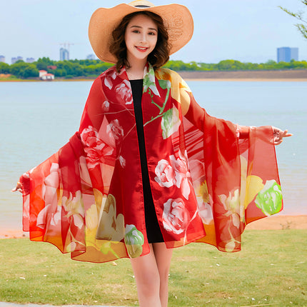 Seaside Sunscreen Silk Scarf Imitation Silk Scarf Spring and Summer Joker High-grade Printed Beach Scarf Silk Scarf Shawl Wholesale