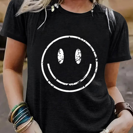 Amazon European and American summer women's smiling face pattern round neck short sleeve casual fashion T-shirt foreign trade women's explosive