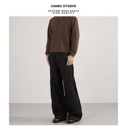 Jiamu Original Cow Stitching American Retro Baggy Jeans Jeans for Men and Women Straight Wide Legs Loose and Neutral