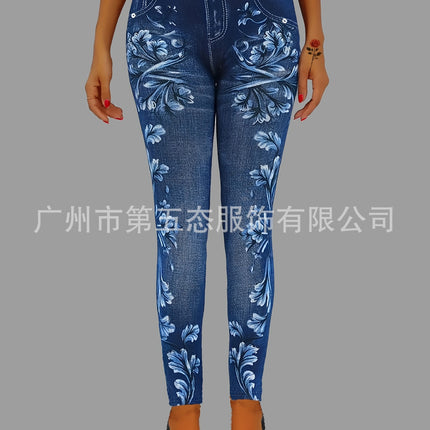 Casual Imitation Denim Printed Leggings