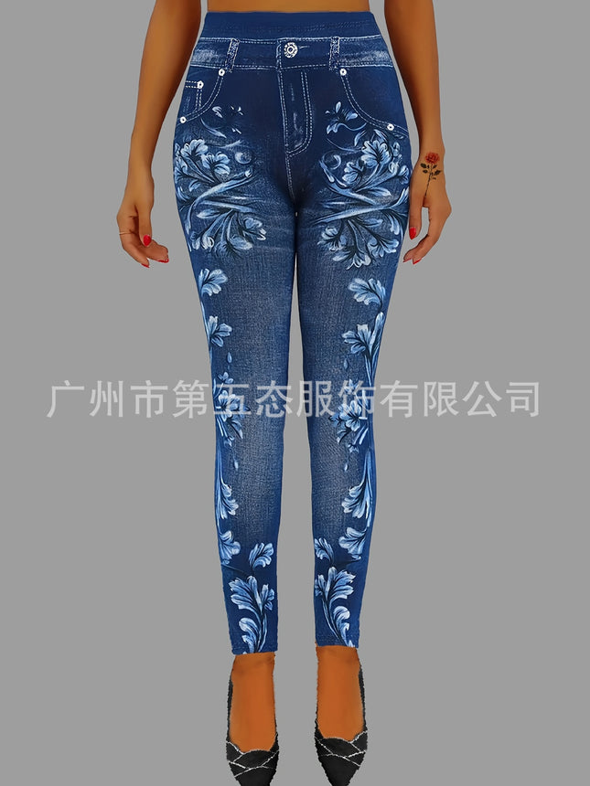 Casual Imitation Denim Printed Leggings