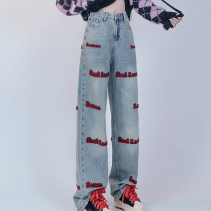 Vintage American Embroidered Straight Jeans Women's Trendy All-match plus size chubby girl High Waist Slimming Loose Wide-leg Trousers