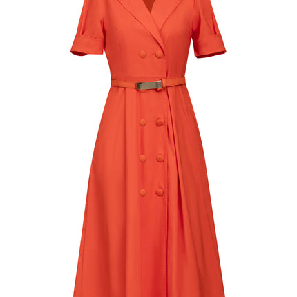 Zhili Commuter Style Lapel Dress 2026 Summer New Orange High-End Exquisite Figure-Flattering Double-Breasted Flared Dress