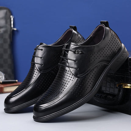 Leather Shoes Men's Dress Business Casual Leather Soft Sole Summer Hollow Breathable Thick Black Wedding Groom Shoes Men's Shoes