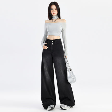 American Style Black Grey Wide Leg Jeans Women's Autumn 2024 New High Waist Double Buckle Loose Slimming Curl Edge Mop Pants
