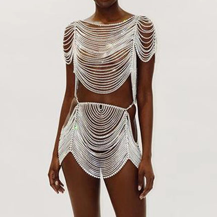 2023 European and American Hot Selling Sexy Bikini Set Fashionable Multi-Layer Bra Chain Cross-Border Rhinestone Skirt Chain Set for Women