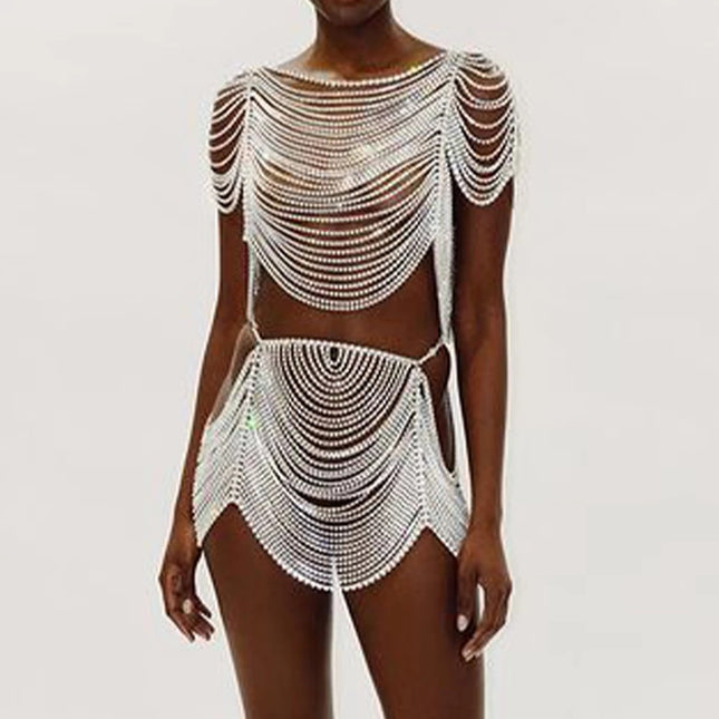 2023 European and American Hot Selling Sexy Bikini Set Fashionable Multi-Layer Bra Chain Cross-Border Rhinestone Skirt Chain Set for Women
