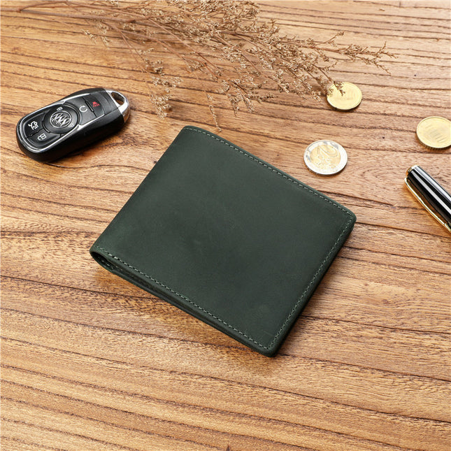 Men's Retro Crazy Horse Top Layer Cowhide Short Wallet Youth Genuine Leather Driver's License Wallet for Boyfriend Dad Gift
