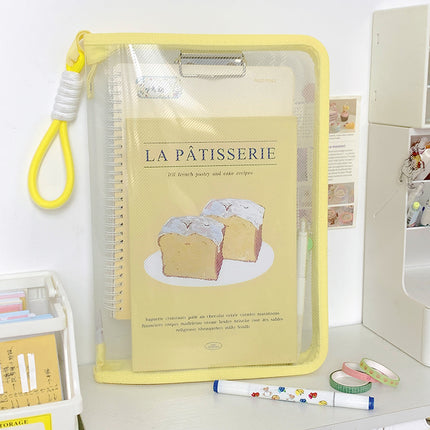 Macaron Transparent A4 File Bag with Large Capacity for Textbooks, Zippered Student Portable Thickened Waterproof Storage Bag