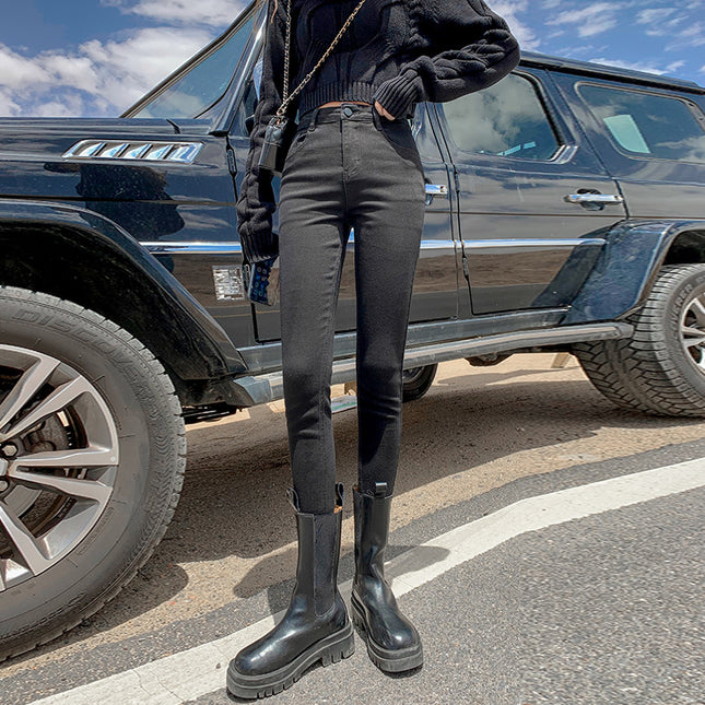 Autumn 2024 New Gray Black Jeans Women's High Waist Slim Look Tall Autumn and Winter Tight Feet Pencil Pants