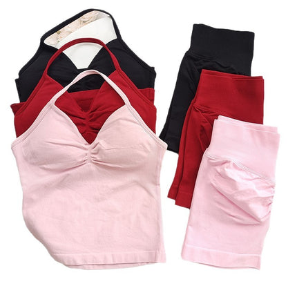 Two-Piece Halterneck Beautiful Back Yoga Df Sports Vest European and American Buttocks Shorts Training Peach Fitness Clothing Women's Suit