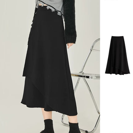 Black Skirt Mid-length Irregular Umbrella Skirt 2024 Summer New A- line Skirt Small Light Mature Style Long Skirt