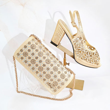 Queenyan Export Open-Toe Women's Shoes and Bags Set, Cut Out Design, Exquisite Hot Diamonds, Elegant Banquet Style