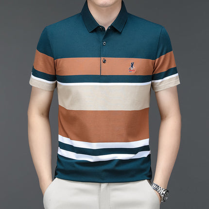 Mingdi Mouse Men's Summer New Pure Cotton Short-sleeved Men's T-shirt Striped Casual Lapel Large Size Men's Polo Shirt