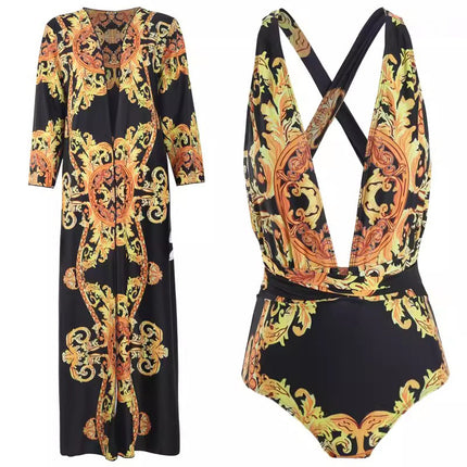 INS new sexy deep V belly-covering beauty back slimming retro style printed French robe one-piece swimsuit women's two-piece suit