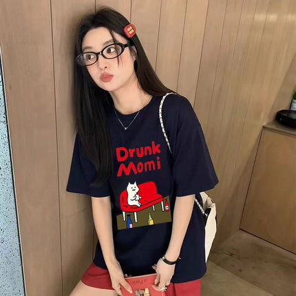 Cat Print Short-Sleeved Women's Hong Kong Style T-Shirt Casual Loose Fashion Ice Silk Cool Lazy Style Top Casual and Versatile
