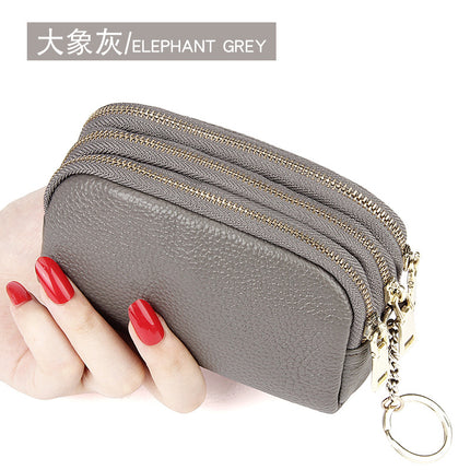 European and American First-Layer Cowhide Simple and Fashionable Mini Clutch Bag Three-Zip Coin Bag Key Coin Purse Genuine Leather