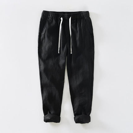 P8236 Summer New Pure Color Simple Casual Pants Men's Linen Breathable Lace-Up Pants Men's One-Piece Drop Shipping