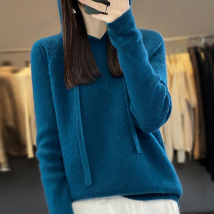 First-line clothing pure wool 2025 spring new women's short solid color hoodie pullover base sweater sweater
