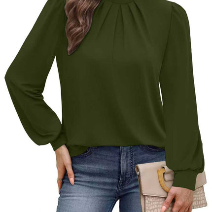 European and American Amazon Cross-Border Autumn and Winter New Long-Sleeved Shirt Small Stand-Up Collar Pleated Front Shirt Casual T-Shirt Top for Women