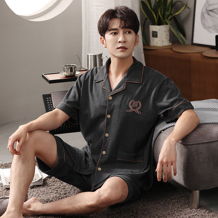 New Cotton Pajamas Men's Summer Short-sleeved Shorts Cardigan Lapel Home Clothes Summer Plus Size Loose Set