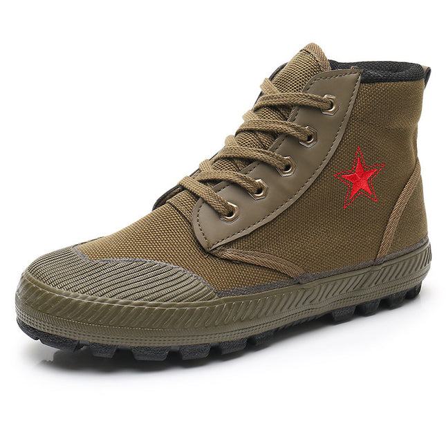 Military-Style Red Five-Star High-Top Liberation Shoes with Rubber Soles, Training Shoes with Linen Midsoles for Summer, Comfortable and Versatile