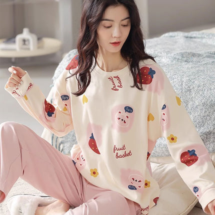 Cute Style Pajamas Women's Spring and Autumn New Cotton Round Neck Long Sleeve Trousers Korean Style Girl's Student Home Clothes suit