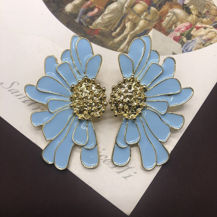 Artistic retro style earrings color enamel glaze chrysanthemum design silver pin earrings niche luxury earrings multi-color optional