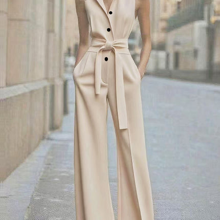 Cross-Border Aliexpress Amazon European and American Women's Clothing Summer Lapel Sleeveless Solid Color Single-Breasted Office Commuting Jumpsuit