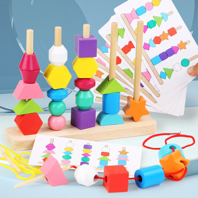 Wooden Children's Educational Beaded Toys Five Sets of Column Color Sensory Enlightenment Children's Shape Perception Building Blocks Toys
