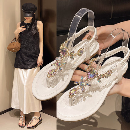 2025 summer latest flat plus size sandals women's foreign trade fashion flower rhinestone elastic band casual clip toe sandals