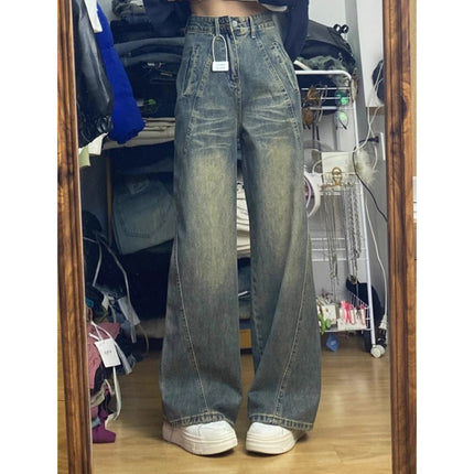 Plus Size Cement Gray Distressed Wide-Leg Jeans for Women, Trendy Versatile High-Waisted Loose Slimming Straight-Leg Designer Pants