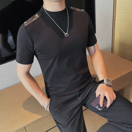 New Products Recommended Men's Short-sleeved T-shirt Small Middle Neck Slim-fit High Elastic Base Shirt Shoulder Button Design Half-sleeved T-shirt