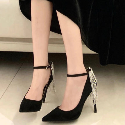 Wholesale Rhinestone Tassel High Heels, Shallow Mouth Strap High Heels, Niche Design Pointed Toe Tassel High Heels