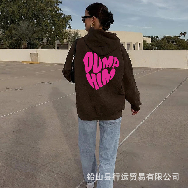 Foreign Trade Women's Velvet Sweatshirt Plain Heart-Shaped Letter Print Kangaroo Flap Pocket Pants Drawstring Print Hoodie