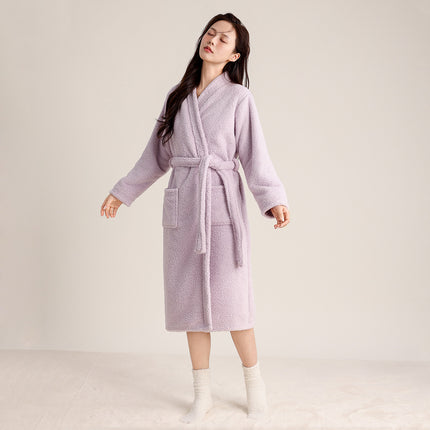 Autumn and Winter Thickened Couple's Robe, Faux Half-Velvet, Diagonal V-Neck, Simple and Elegant, Light Luxury, Warm Bathrobe, Long Style for Men and Women