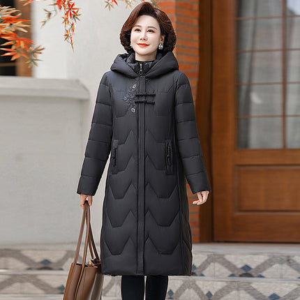 Trendy Middle-Aged Women's Long down Jacket for Petite Figures, Thickened and Warm, Fashionable Winter Coat for Moms, White Duck down Outerwear