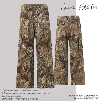JIAMU Branch Camouflage Ins Overalls American Style Old-fashioned Design Sense Loose Outdoor Casual Pants Printed Relaxation Sense
