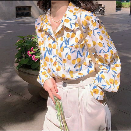 Top women's design sense niche light familiar shirt 2022 spring and autumn vintage printed green long sleeve mermaid Ji shirt fashion