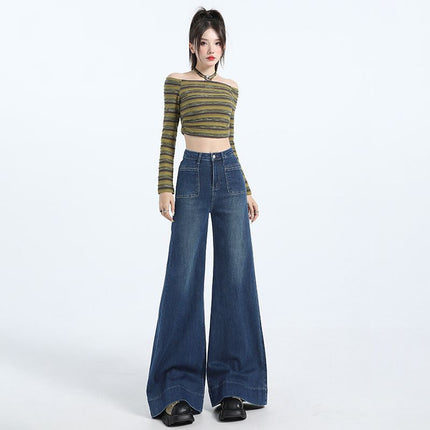 Vintage Mop Wide Leg Jeans Women's 2024 New Autumn Small High Waist Loose Dagging Big Leg Pants