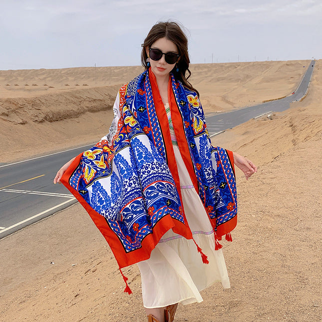 Ethnic style cotton and linen feel silk scarf travel sunscreen beach towel long outer wear decorative shawl thin scarf for women