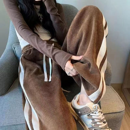 Striped corduroy pants women's fleece-lined thickened narrow wide-leg casual slimming high waist straight mop pants