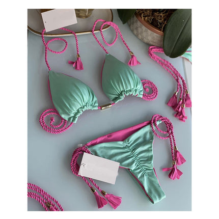 European and American 2025 Spot New Fashion Split Pure Color Bikini Bikini Swimsuit Sexy Lace-Up Halter Swimsuit