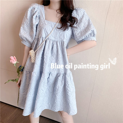 Cream Puff Princess Dress Summer Season Girl Puff Sleeve Waist White French Square Neck Elegant dress Children