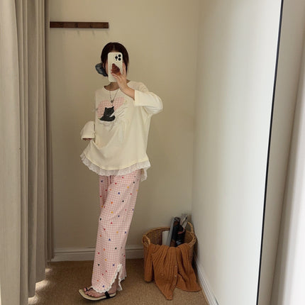 Autumn and Winter Long-Sleeved Trousers Casual Pajamas Nap Kitten Fashion Lace Can Be Worn Outside Home Clothes Set