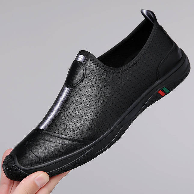 Men's Shoes 2025 Summer New Breathable Thin Hollow-Out Slip-On Black Genuine Leather Casual Loafers